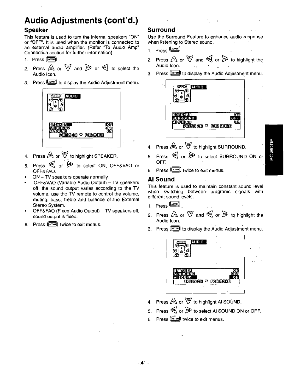 Speaker, Surround, Press | Alsound, Speaker surround al sound, Audio adjustments (cont’d.) | Panasonic SVGA Monitor/Receiver CT-36DV60 User Manual | Page 42 / 53