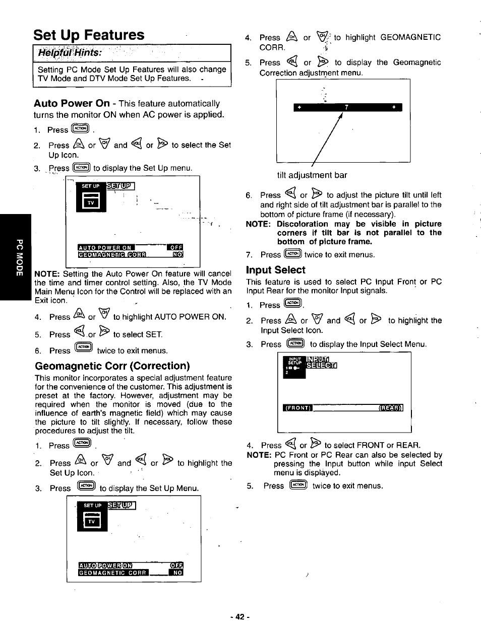 Set up features, Geomagnetic corr (correction), Input select | Roffll, A or to highlight, Auto power on | Panasonic SVGA Monitor/Receiver CT-36DV60 User Manual | Page 43 / 53