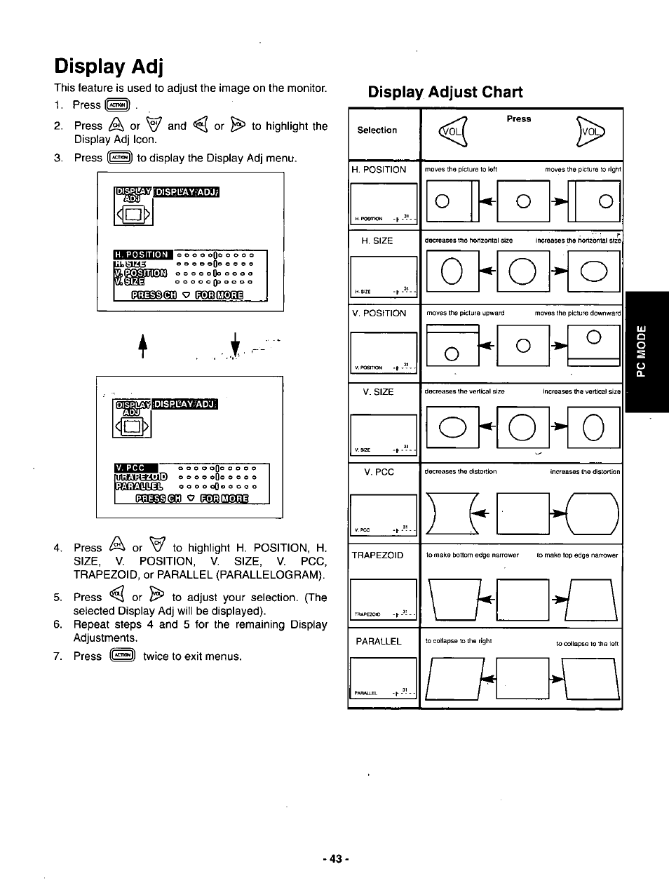 Display adj, Display adjust chart | Panasonic SVGA Monitor/Receiver CT-36DV60 User Manual | Page 44 / 53