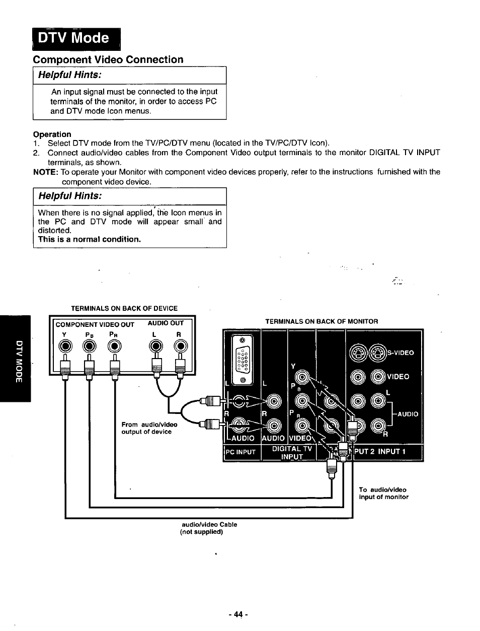 Dtv mode, Component video connection helpful hints, Operation | Component video connection | Panasonic SVGA Monitor/Receiver CT-36DV60 User Manual | Page 45 / 53