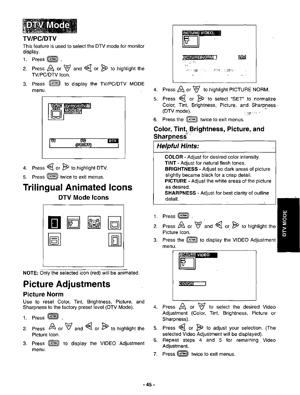 Tv/pc/dtv, Trilingual animated icons, Dtv mode icons | Picture adjustments, Picture norm, Color, tint, brightness, picture, and sharpness, Heipful hints | Panasonic SVGA Monitor/Receiver CT-36DV60 User Manual | Page 46 / 53