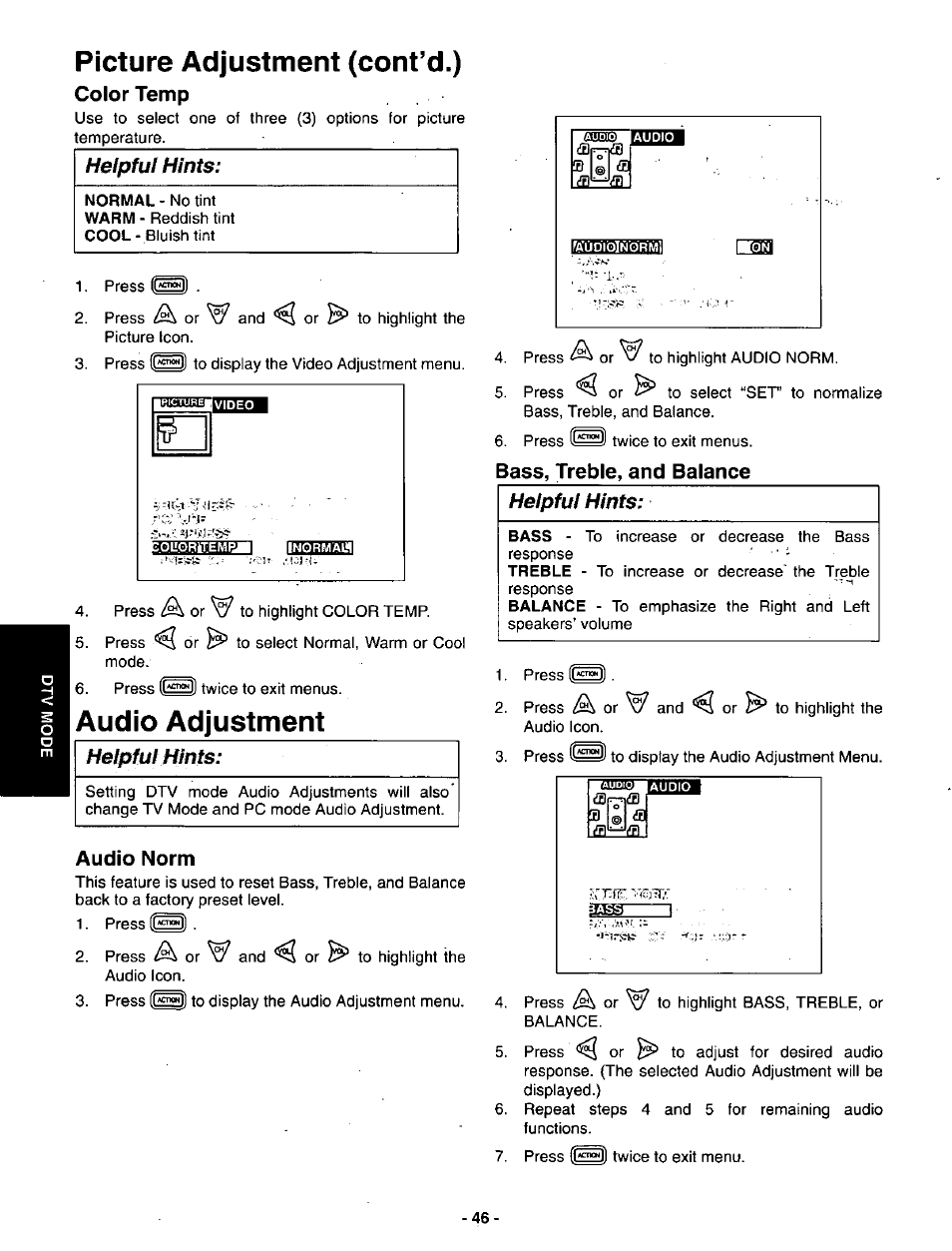 Color temp, Audio adjustment, Audio norm | Bass, treble, and balance, Audio adjustments, Bass, treble and balance, Picture adjustment (cont’d.), A or w to highlight | Panasonic SVGA Monitor/Receiver CT-36DV60 User Manual | Page 47 / 53
