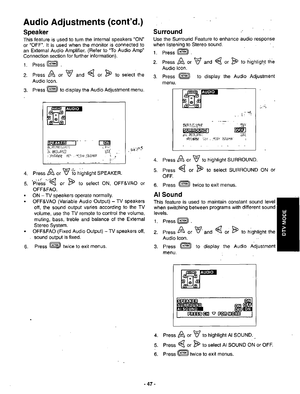 Speaker, Surround, Al sound | Audio adjustments (cont’d.) | Panasonic SVGA Monitor/Receiver CT-36DV60 User Manual | Page 48 / 53
