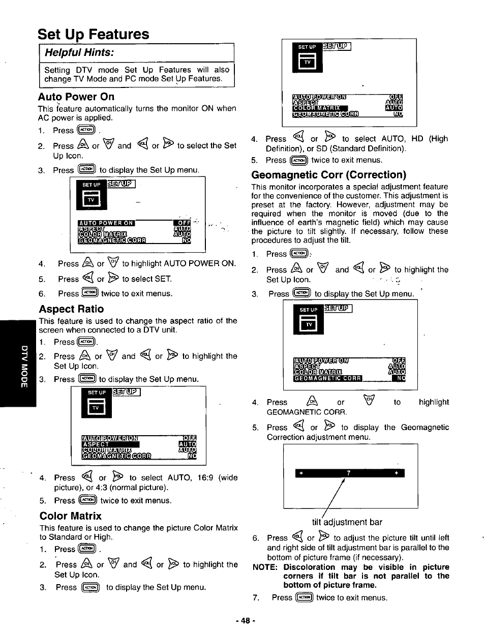 Set up features, Auto power on, Aspect ratio | Color matrix, Geomagnetic corr (correction) | Panasonic SVGA Monitor/Receiver CT-36DV60 User Manual | Page 49 / 53