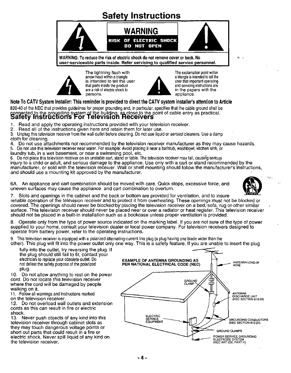 Safety instructions, Warning, Safely insfrciciioits for tefevision receivers | Panasonic SVGA Monitor/Receiver CT-36DV60 User Manual | Page 5 / 53