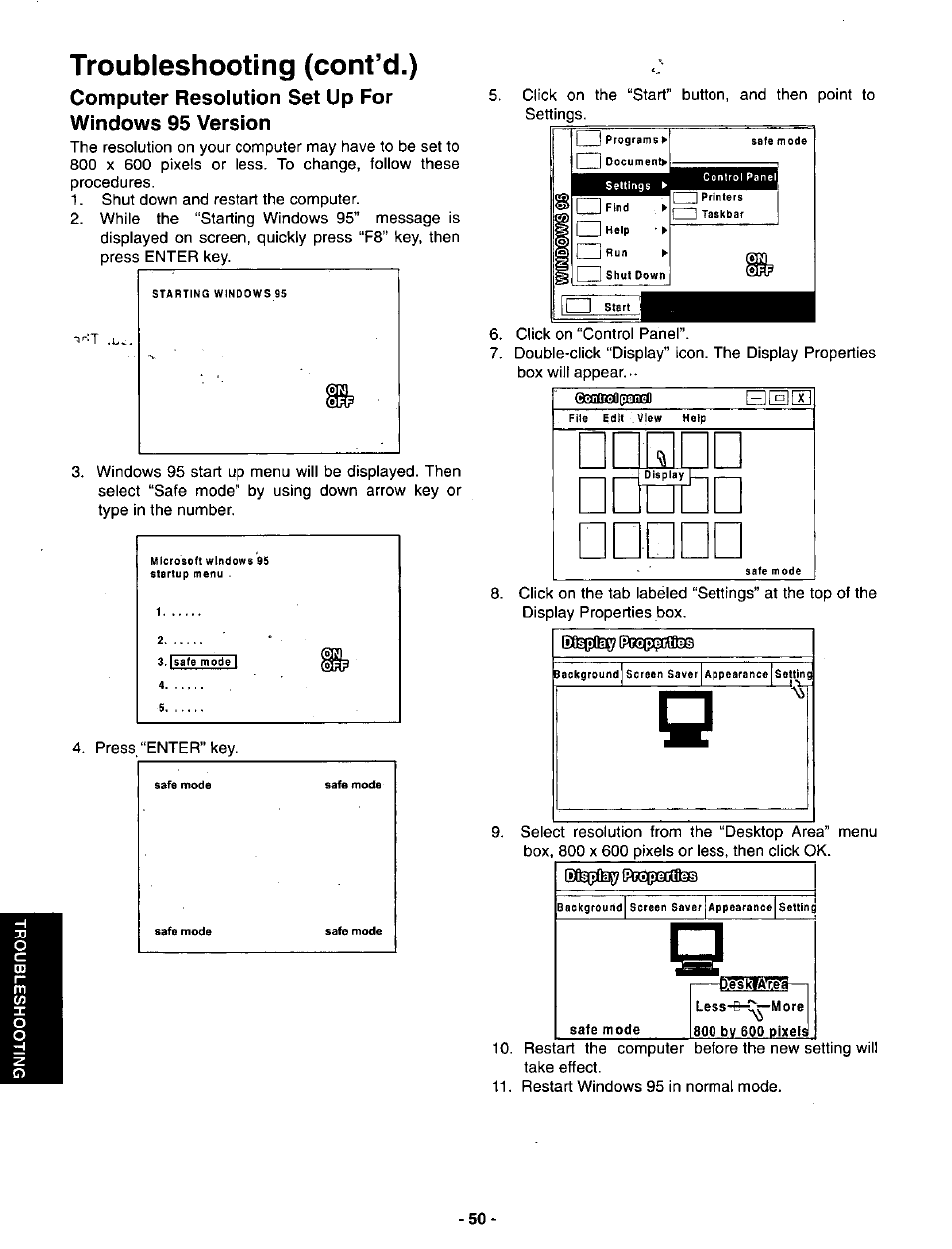 Computer resolution set up for windows 95 version, Troubleshooting (cont’d.) | Panasonic SVGA Monitor/Receiver CT-36DV60 User Manual | Page 51 / 53