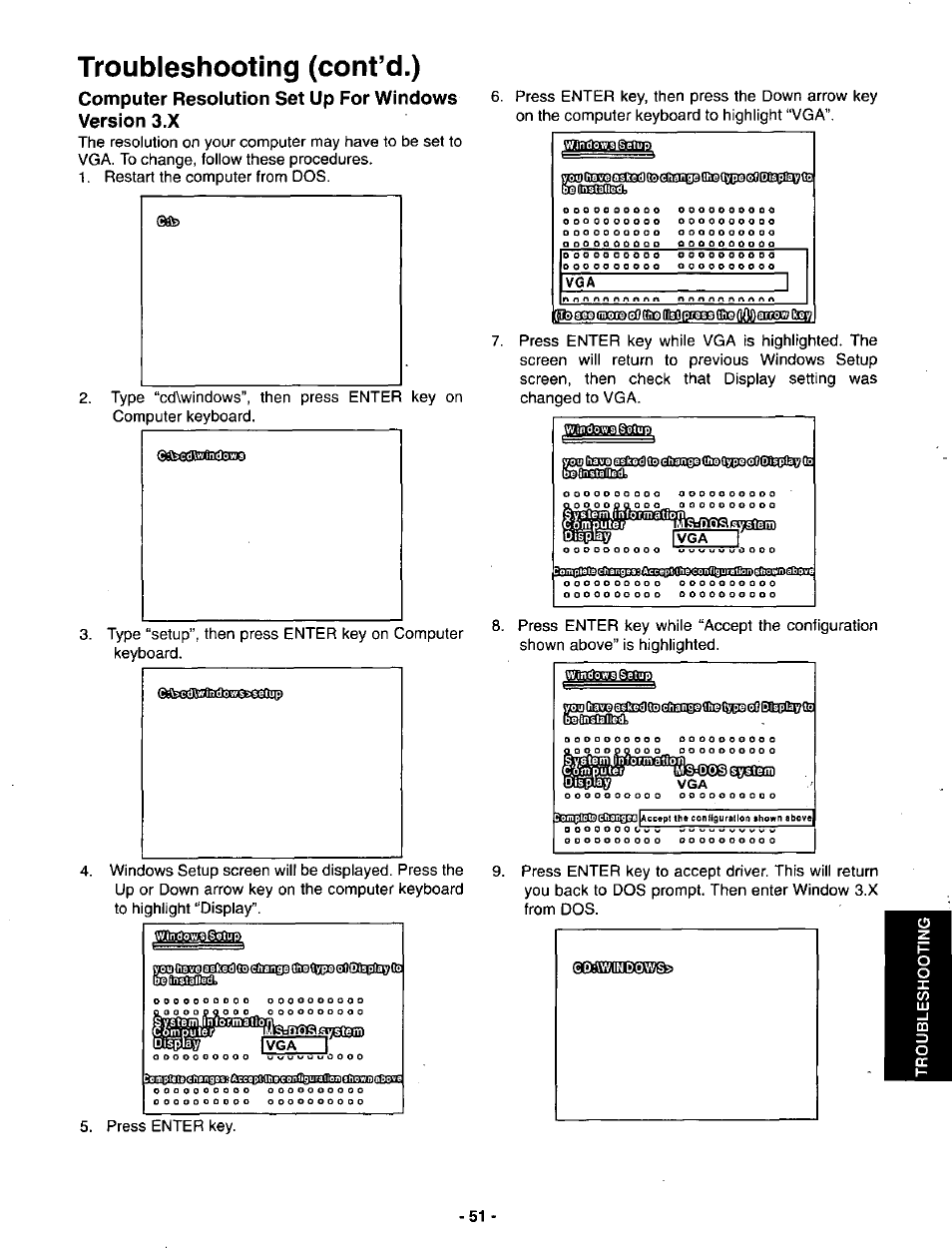 Troubleshooting (cont’d.), Computer resolution set up for windows version | Panasonic SVGA Monitor/Receiver CT-36DV60 User Manual | Page 52 / 53