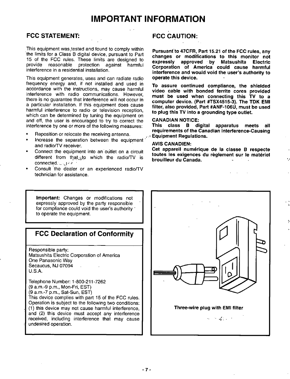Fcc statement, Fcc caution, Canadian notice | Avis canadien, Fcc declaration of conformity, Fcc statement fcc caution, Important information, Fcc statement: fcc caution | Panasonic SVGA Monitor/Receiver CT-36DV60 User Manual | Page 8 / 53