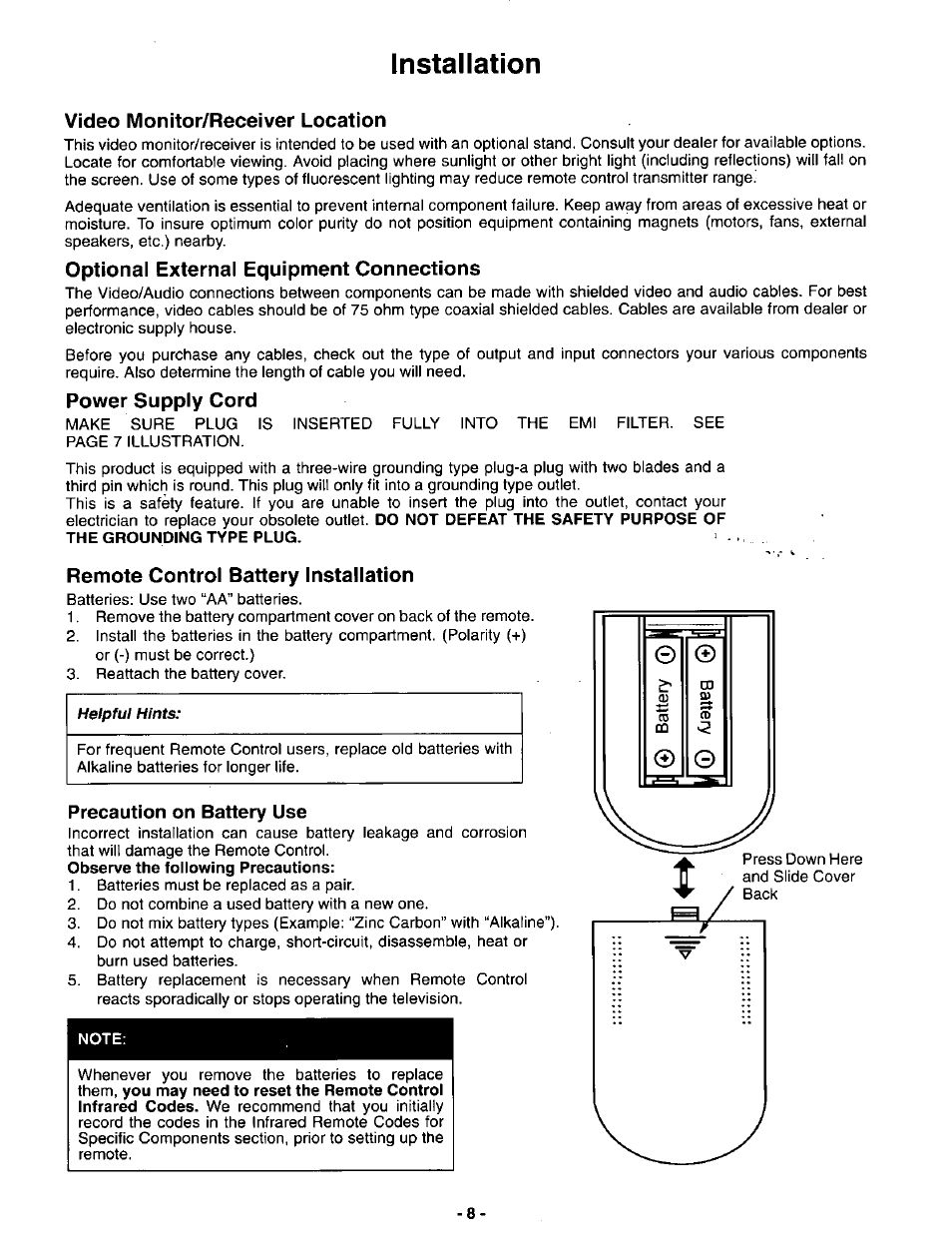 Installation, Video monitor/receiver location, Optional external equipment connections | Power supply cord, Remote control battery installation, Ac power supply cord | Panasonic SVGA Monitor/Receiver CT-36DV60 User Manual | Page 9 / 53