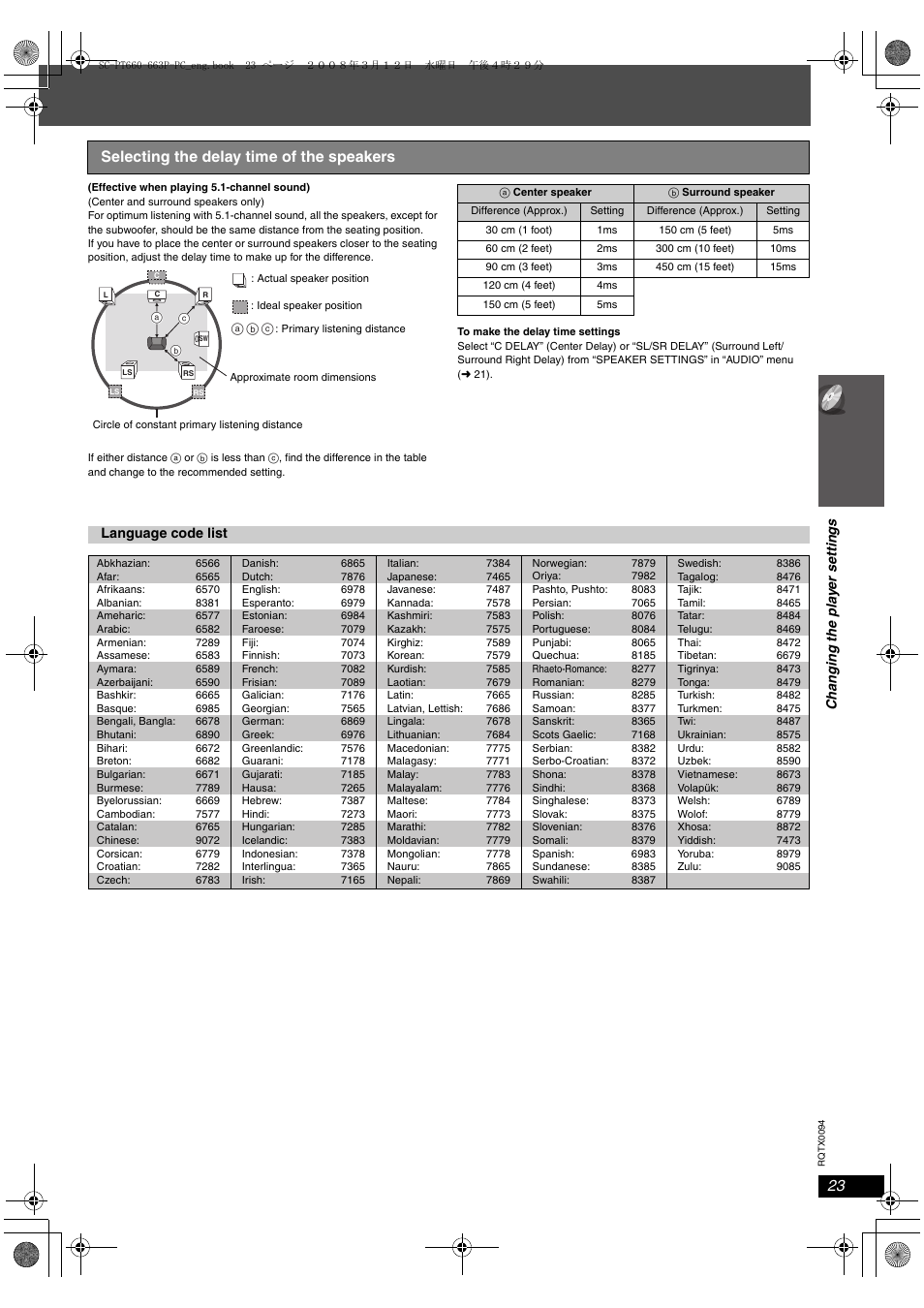 Selecting the delay time of the speakers | Panasonic SC-PT660 User Manual | Page 23 / 40