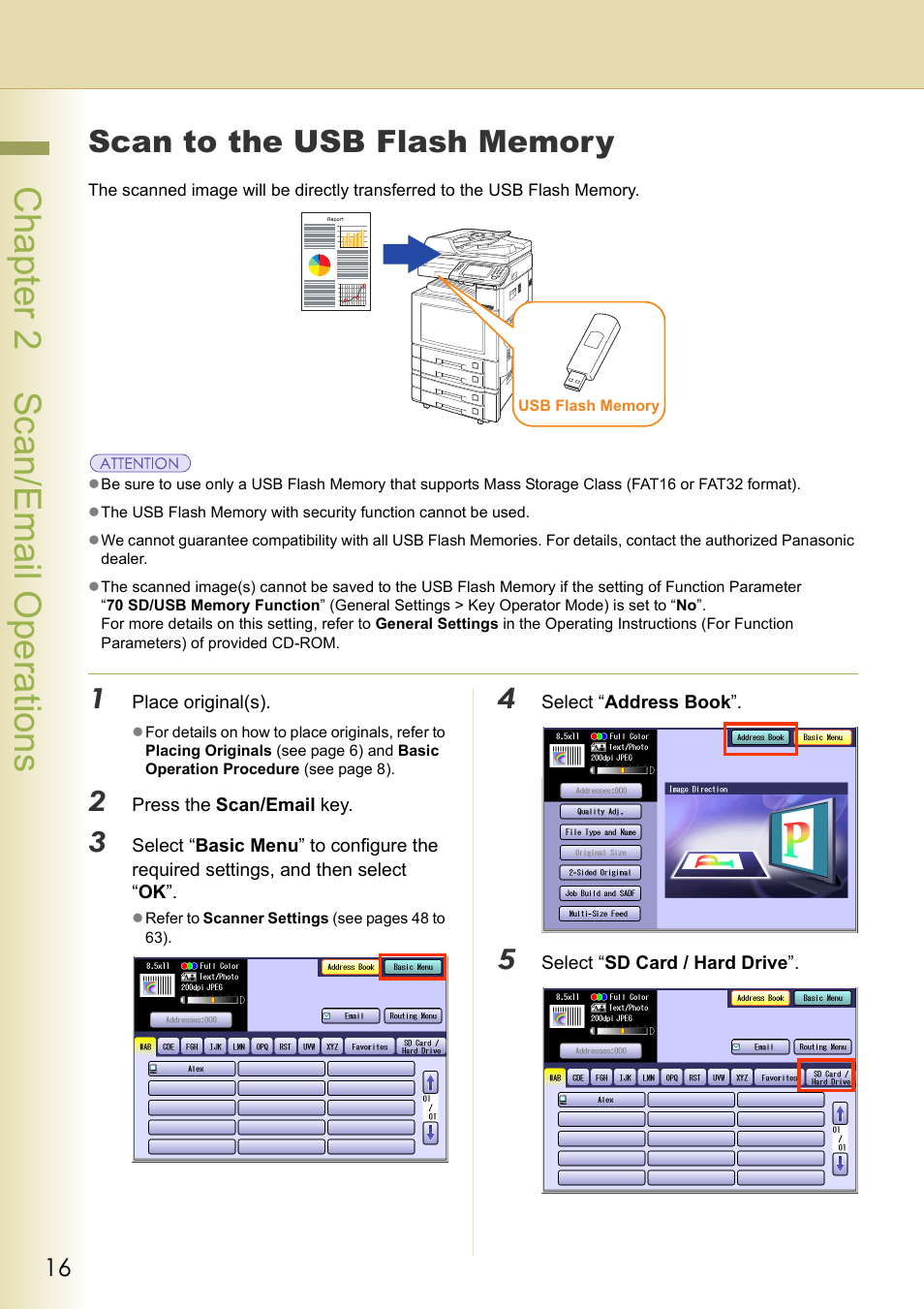 Scan to the usb flash memory, Scan to the, Usb flash memory | Chapter 2 sc an/email operations | Panasonic DP-C306 User Manual | Page 16 / 74