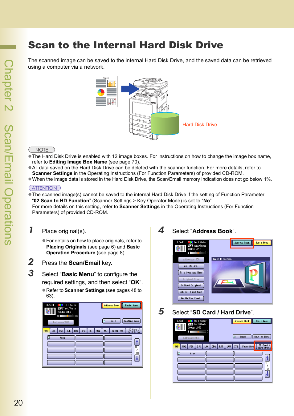 Scan to the internal hard disk drive, Scan to the, Internal hard disk | Chapter 2 sc an/email operations | Panasonic DP-C306 User Manual | Page 20 / 74