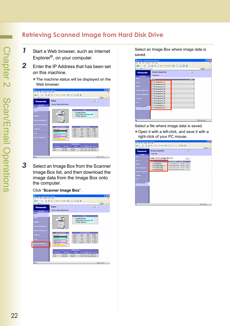 Retrieving scanned image from hard disk drive, Chapter 2 sc an/email operations | Panasonic DP-C306 User Manual | Page 22 / 74