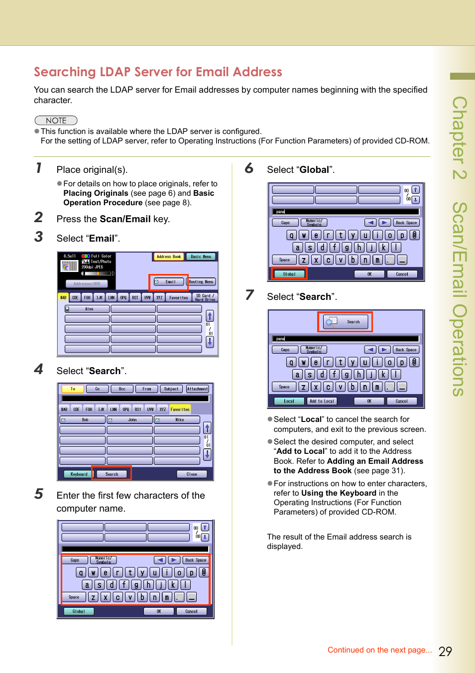 Searching ldap server for email address, Chapter 2 sc an/email operations | Panasonic DP-C306 User Manual | Page 29 / 74