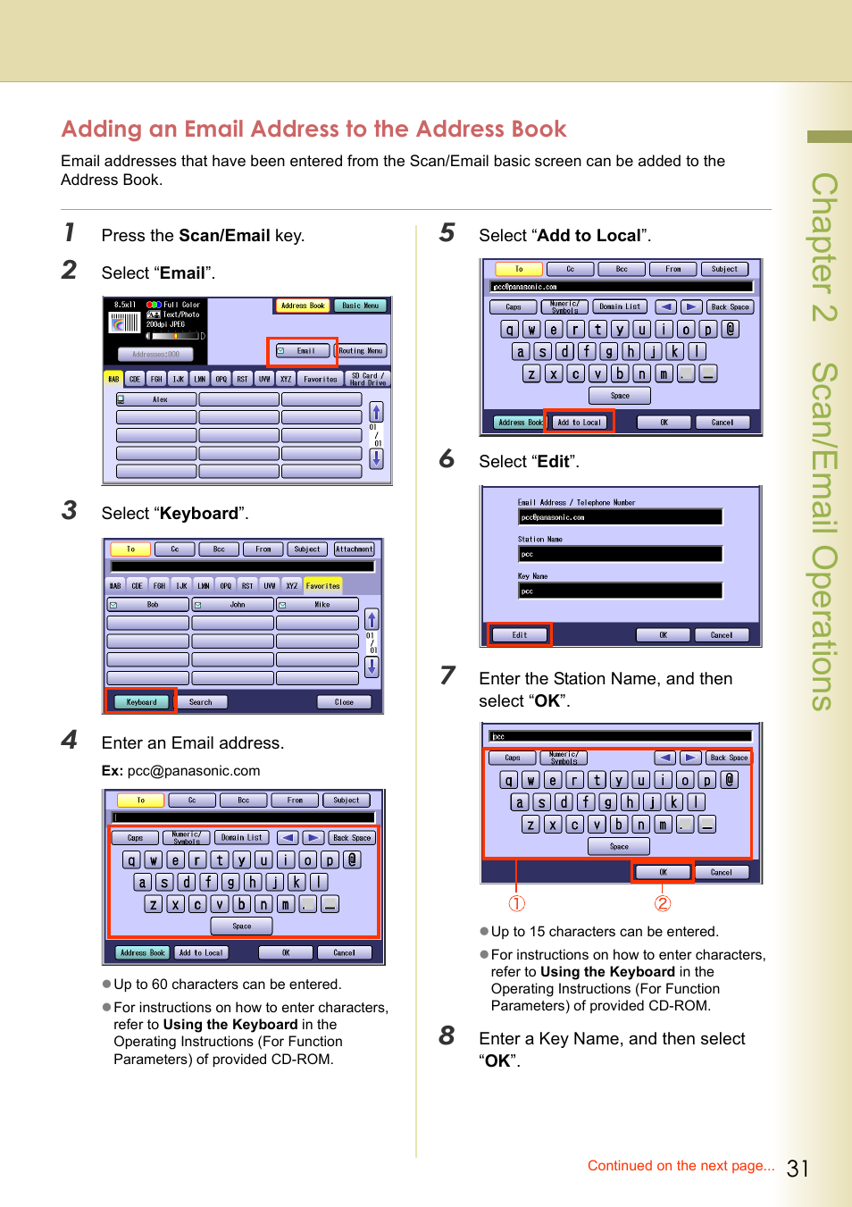Adding an email address to the address book, Chapter 2 sc an/email operations | Panasonic DP-C306 User Manual | Page 31 / 74