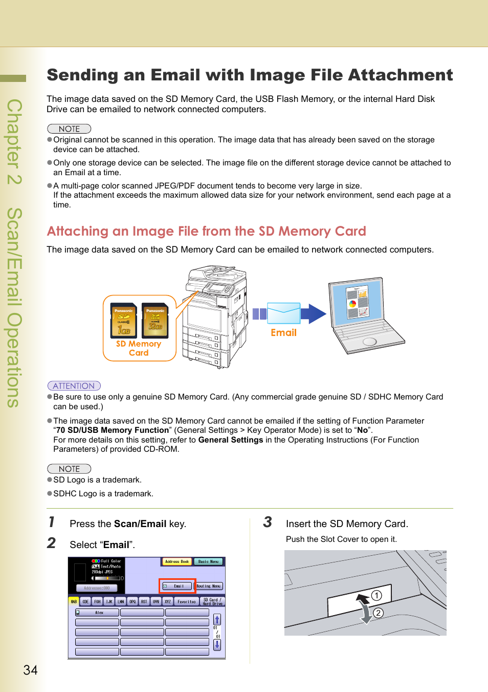 Sending an email with image file attachment, Attaching an image file from the sd memory card, Chapter 2 sc an/email operations | Panasonic DP-C306 User Manual | Page 34 / 74