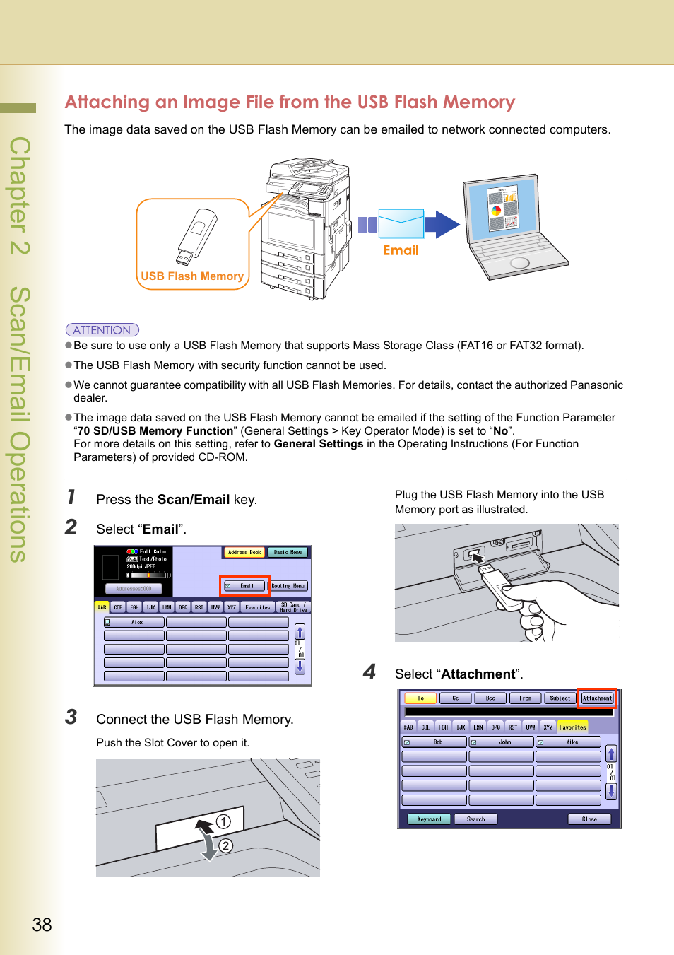 Attaching an image file from the usb flash memory, Chapter 2 sc an/email operations | Panasonic DP-C306 User Manual | Page 38 / 74