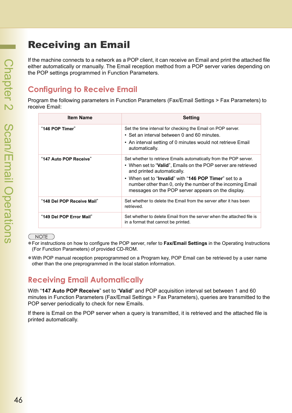 Receiving an email, Configuring to receive email, Receiving email automatically | Chapter 2 sc an/email operations | Panasonic DP-C306 User Manual | Page 46 / 74