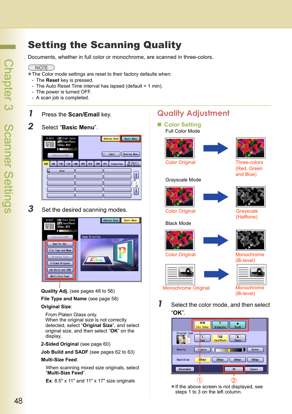 Scanner settings, Setting the scanning quality, Quality adjustment | Chapter 3 scanner settings, 48 to | Panasonic DP-C306 User Manual | Page 48 / 74