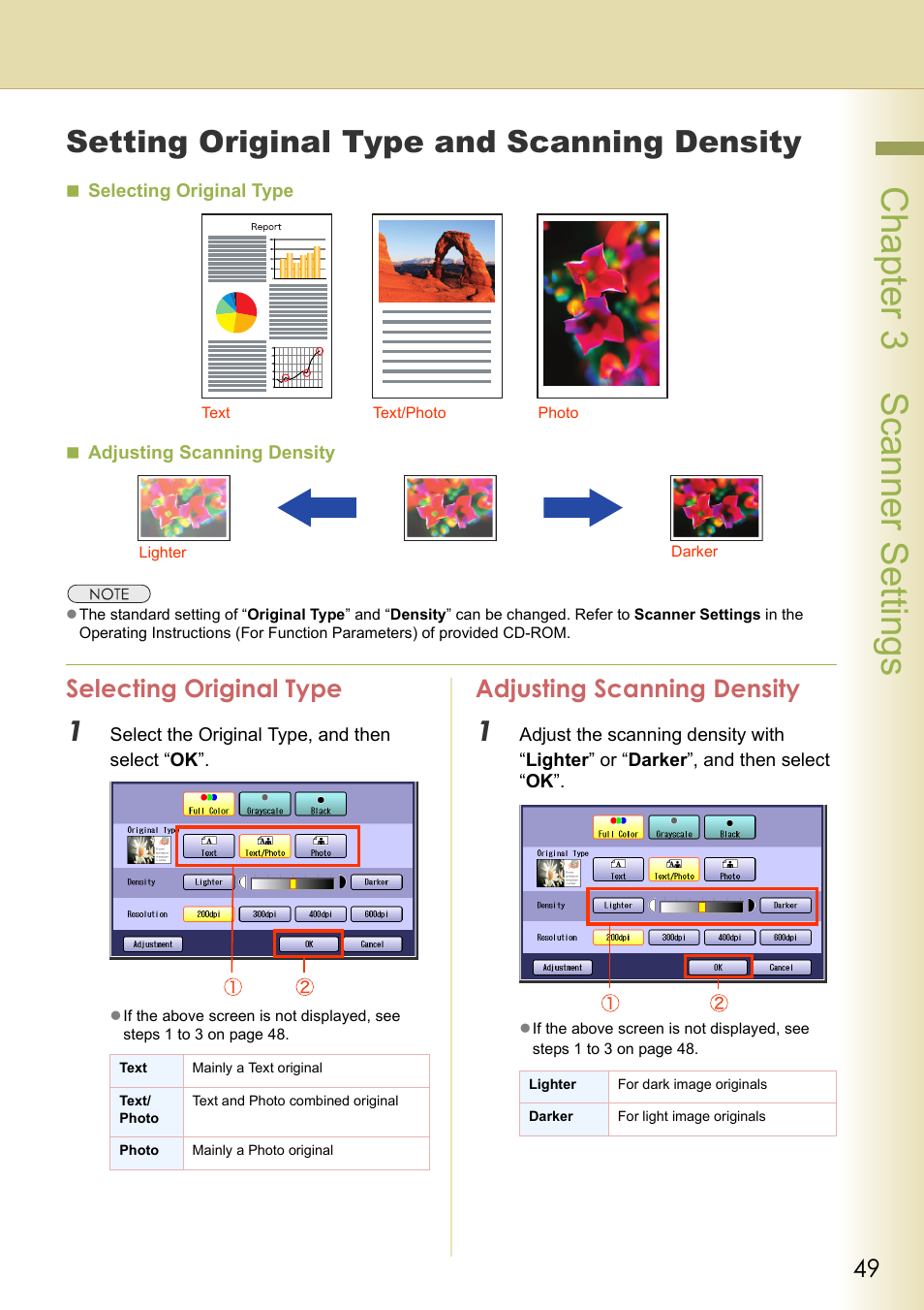 Setting original type and scanning density, Selecting original type, Adjusting scanning density | Selecting original type adjusting scanning density, Chapter 3 scanner settings | Panasonic DP-C306 User Manual | Page 49 / 74