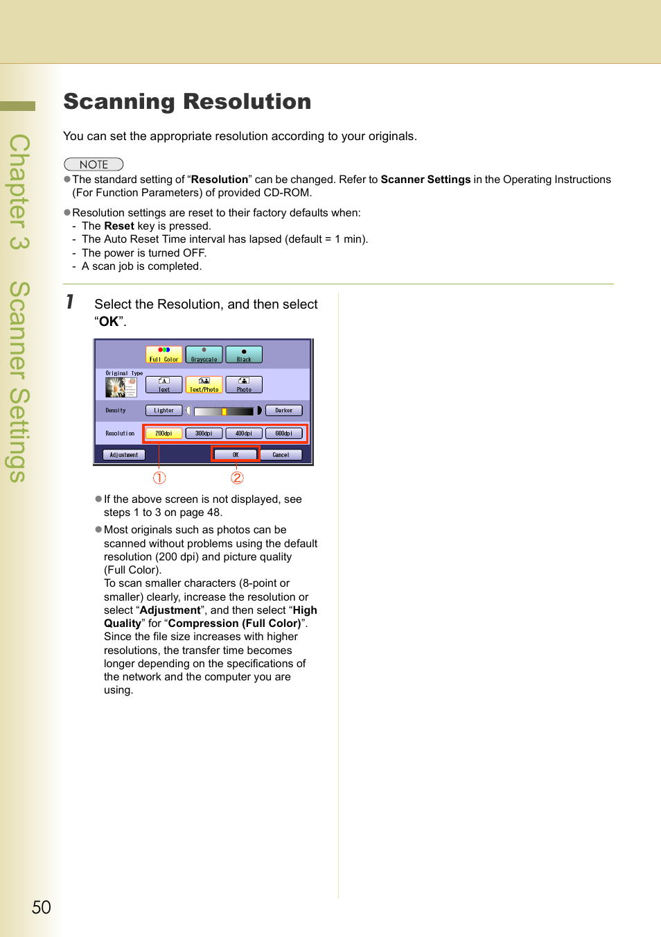 Scanning resolution, Chapter 3 scanner settings | Panasonic DP-C306 User Manual | Page 50 / 74