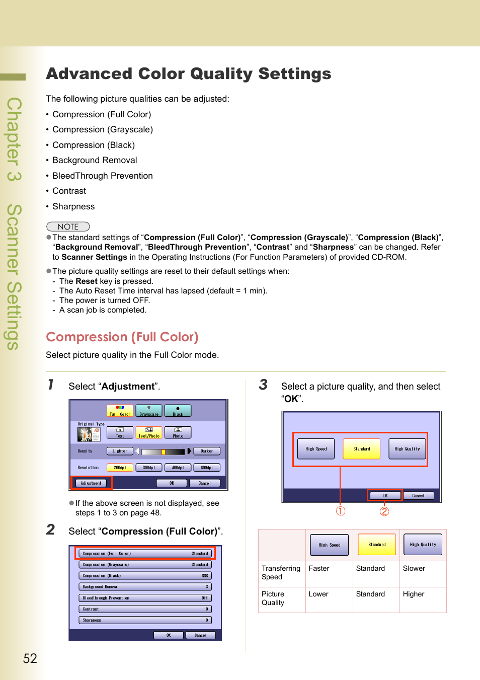 Advanced color quality settings, Compression (full color), Chapter 3 scanner settings | Panasonic DP-C306 User Manual | Page 52 / 74