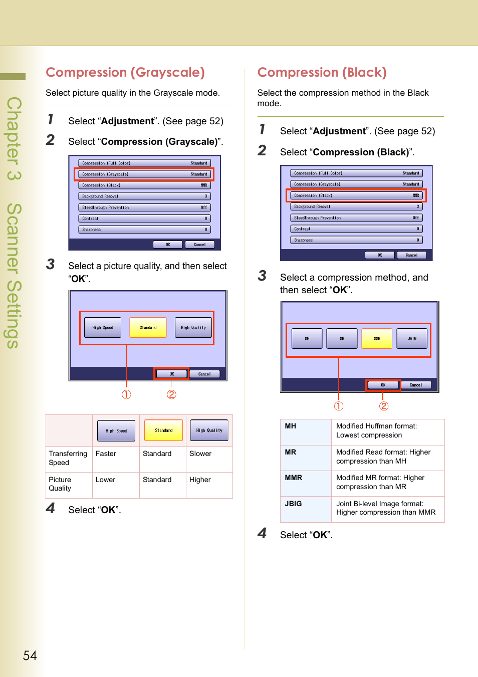 Compression (grayscale), Compression (black), 54 compression (black) | Chapter 3 scanner settings | Panasonic DP-C306 User Manual | Page 54 / 74