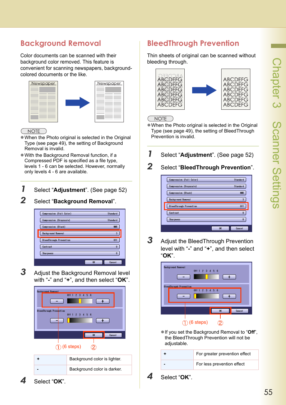 Background removal, Bleedthrough prevention, Chapter 3 scanner settings | Panasonic DP-C306 User Manual | Page 55 / 74