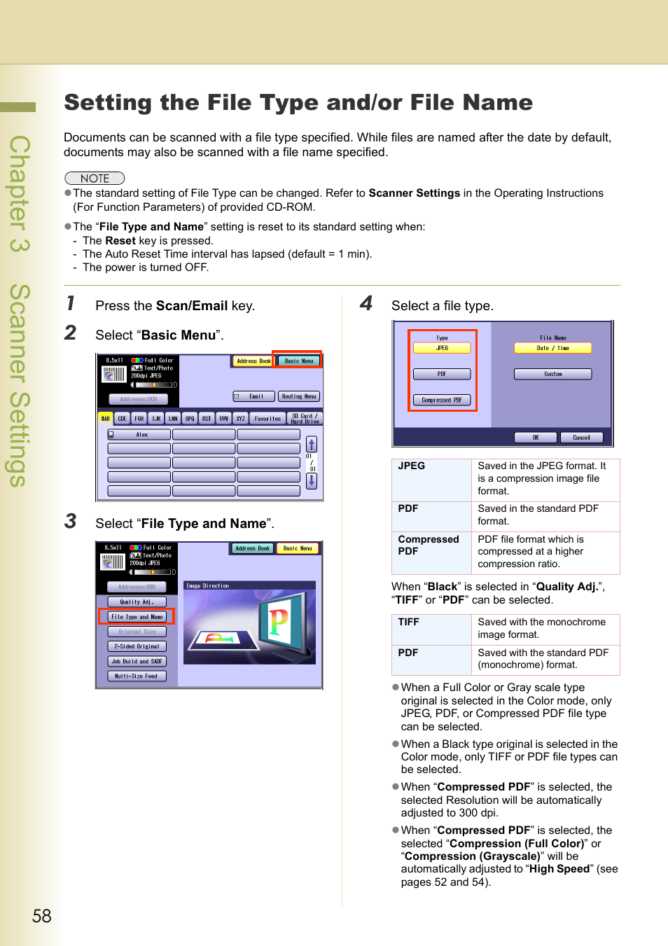 Setting the file type and/or file name, Chapter 3 scanner settings | Panasonic DP-C306 User Manual | Page 58 / 74