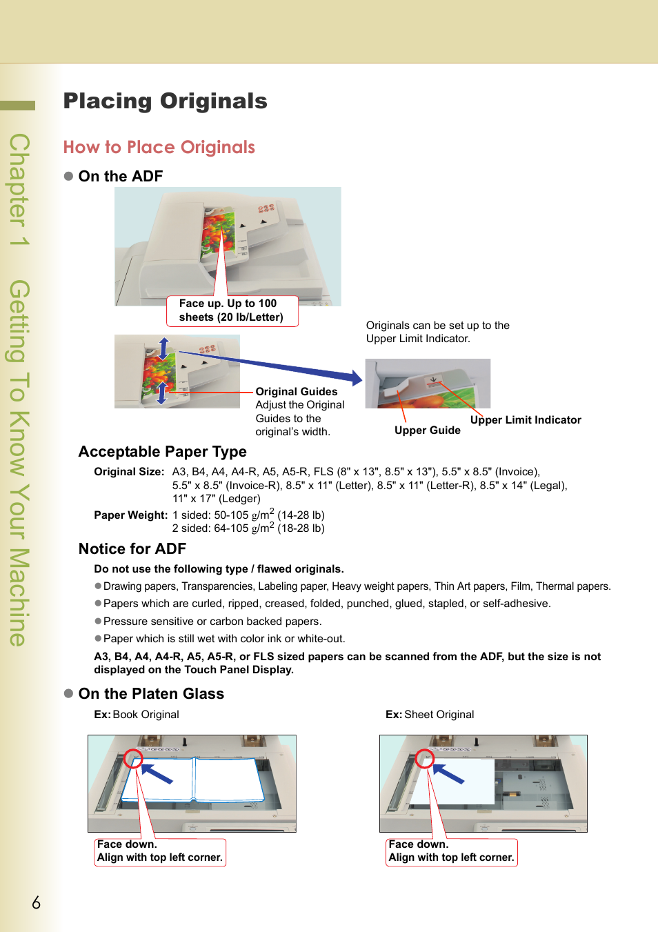 Getting to know your machine, Placing originals, How to place originals | Chapter 1 getting to know your machine, Zon the adf acceptable paper type, Notice for adf, Zon the platen glass | Panasonic DP-C306 User Manual | Page 6 / 74