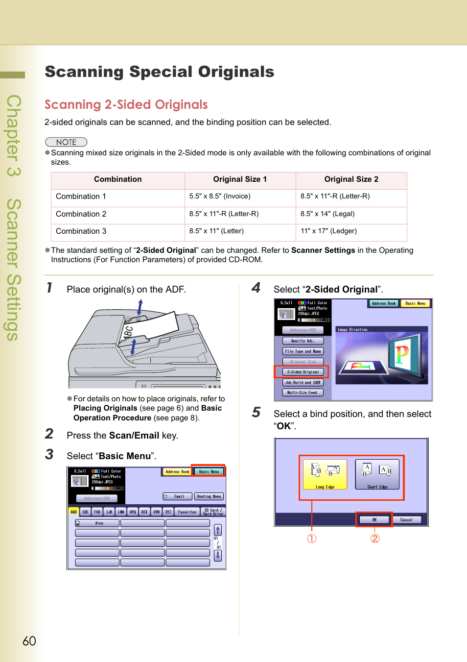 Scanning special originals, Scanning 2-sided originals, Chapter 3 scanner settings | Panasonic DP-C306 User Manual | Page 60 / 74