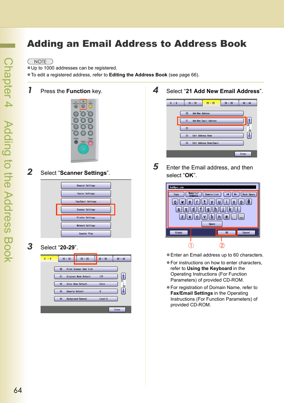 Adding to the address book, Adding an email address to address book, Chapter 4 adding to the address book | Chapter 4 addi ng to the address book | Panasonic DP-C306 User Manual | Page 64 / 74