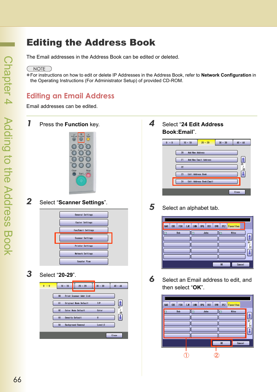 Editing the address book, Editing an email address, Chapter 4 addi ng to the address book | Panasonic DP-C306 User Manual | Page 66 / 74