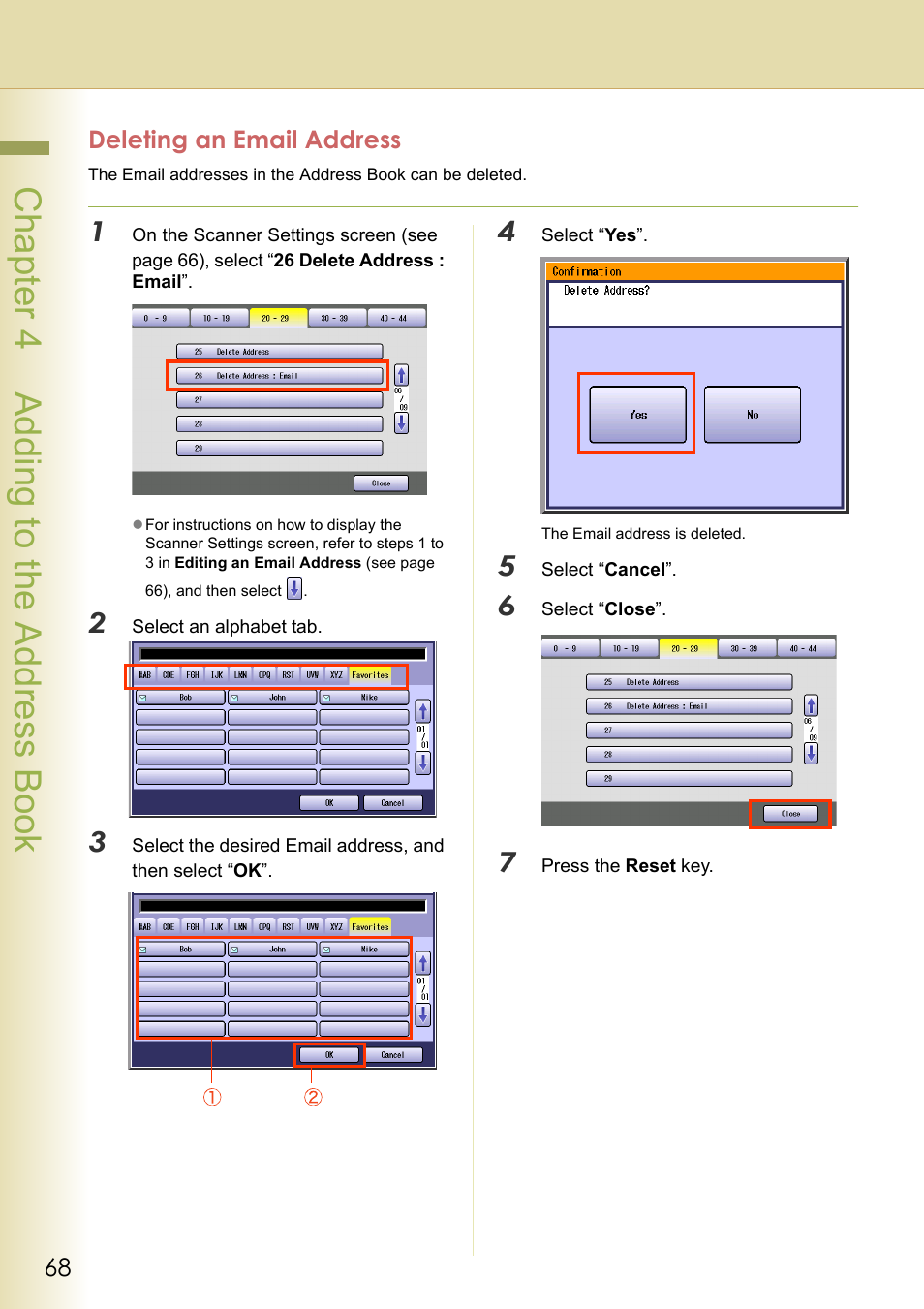 Deleting an email address, Chapter 4 addi ng to the address book | Panasonic DP-C306 User Manual | Page 68 / 74