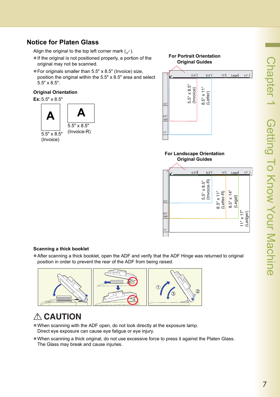 Chapter 1 getting to know your machine, Caution, Notice for platen glass | Panasonic DP-C306 User Manual | Page 7 / 74