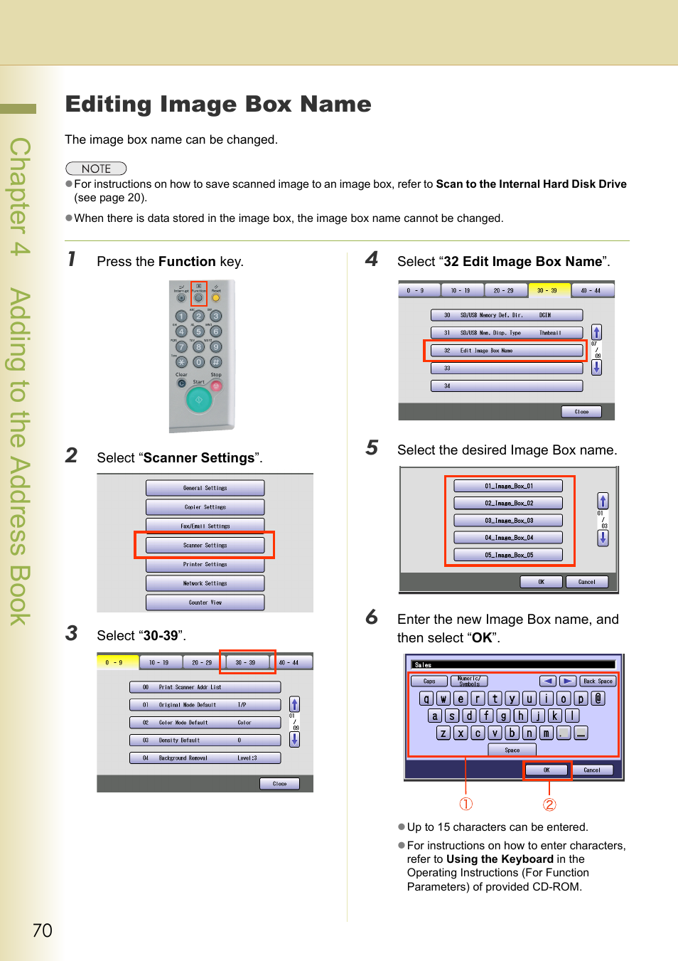 Editing image box name, Chapter 4 addi ng to the address book | Panasonic DP-C306 User Manual | Page 70 / 74