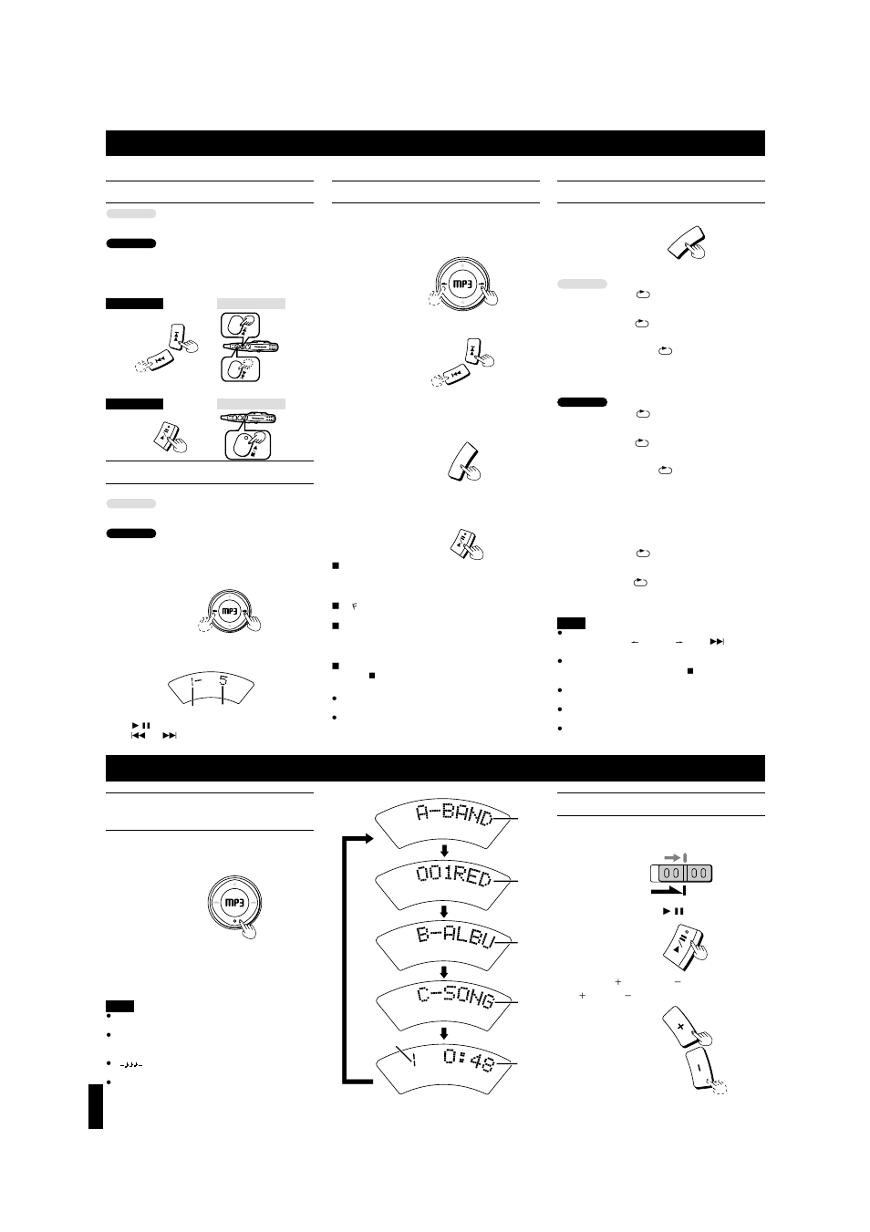 Other play methods with mp3 files, Other useful functions, Track skip play | Album skip play, Fg program play, Repeat play/random play, Changing the contrast, Hold n g, Echanging the information displayed for mp3 tracks | Panasonic SL-MP353J User Manual | Page 6 / 8