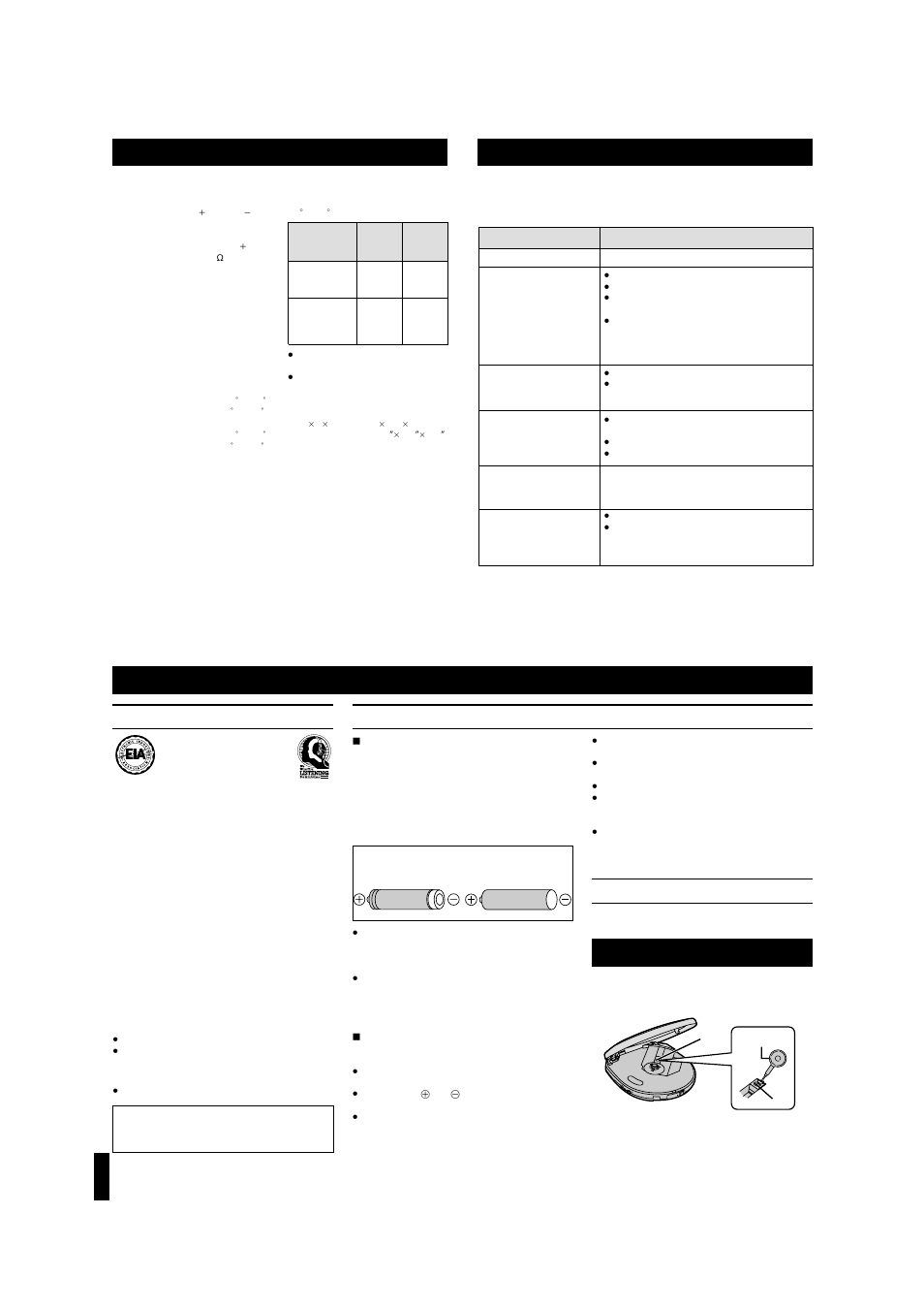 Specifications troubleshooting guide, Cautions, Maintaining the lens | Hold, When driving a car, Listening caution | Panasonic SL-MP353J User Manual | Page 8 / 8