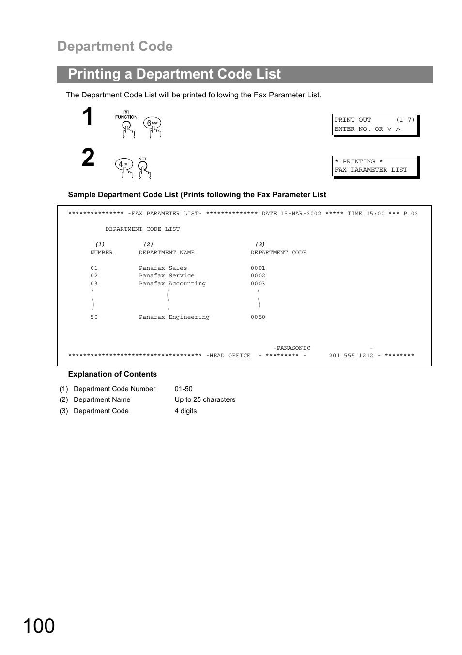 Printing a department code list, Department code | Panasonic DIGITAL IMAGING SYSTEM DP-1810F User Manual | Page 100 / 155