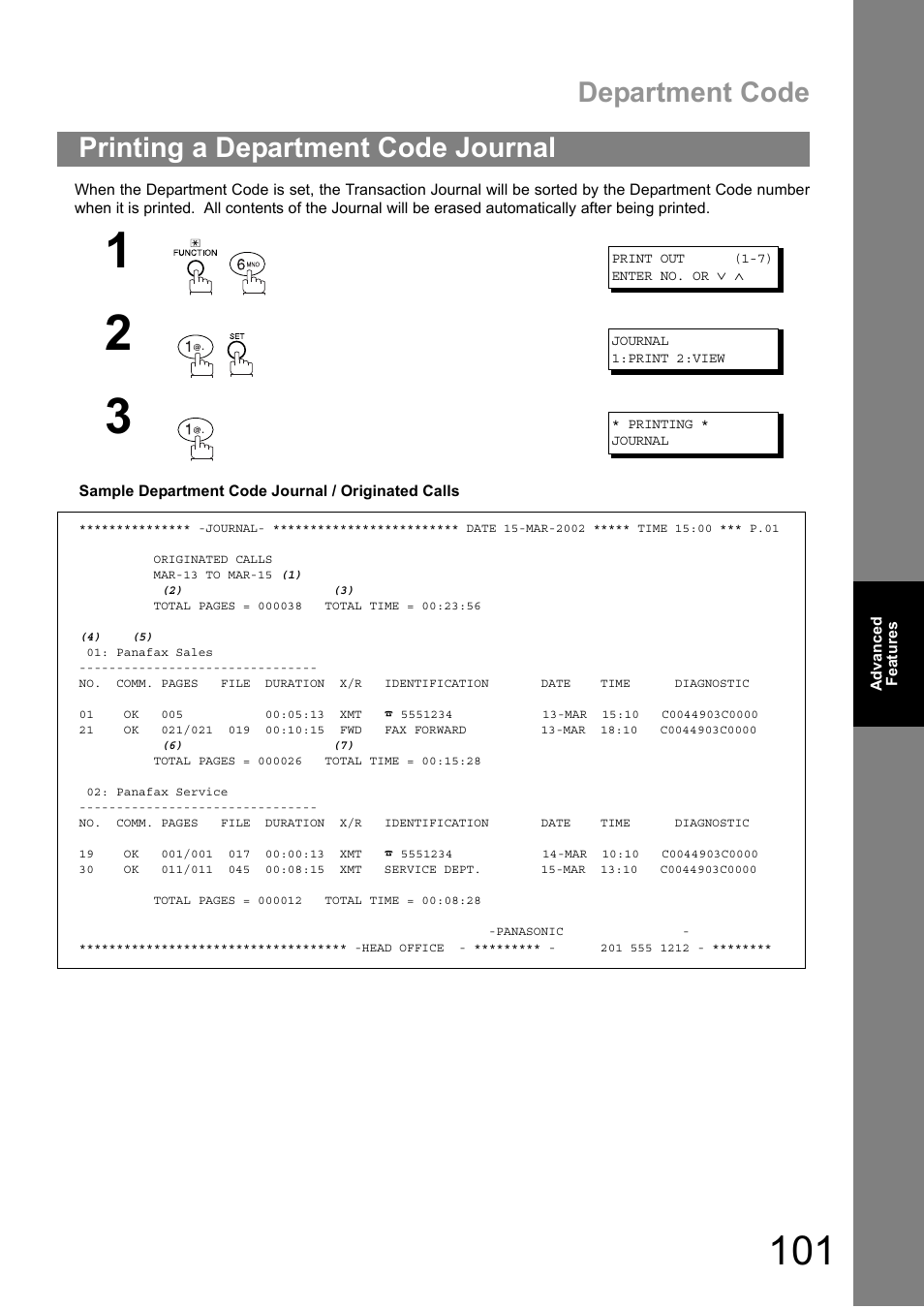 Printing a department code journal, Department code | Panasonic DIGITAL IMAGING SYSTEM DP-1810F User Manual | Page 101 / 155
