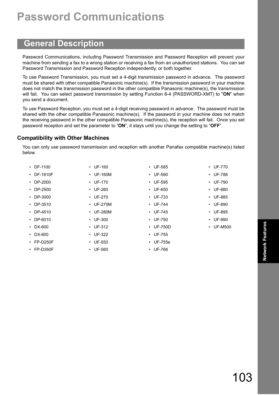 Network features, Password communications, General description | Compatibility with other machines | Panasonic DIGITAL IMAGING SYSTEM DP-1810F User Manual | Page 103 / 155