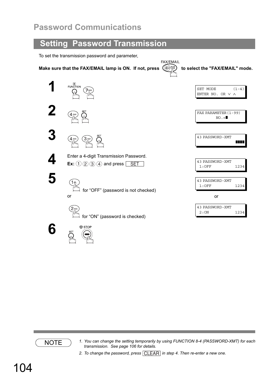 Setting password transmission, Password communications | Panasonic DIGITAL IMAGING SYSTEM DP-1810F User Manual | Page 104 / 155
