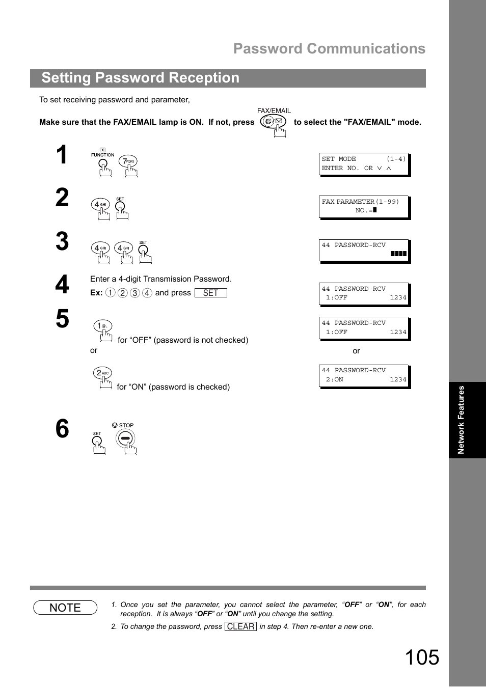 Setting password reception, Password communications | Panasonic DIGITAL IMAGING SYSTEM DP-1810F User Manual | Page 105 / 155