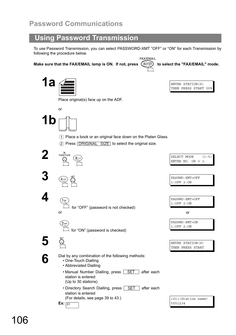 Using password transmission, Password communications | Panasonic DIGITAL IMAGING SYSTEM DP-1810F User Manual | Page 106 / 155