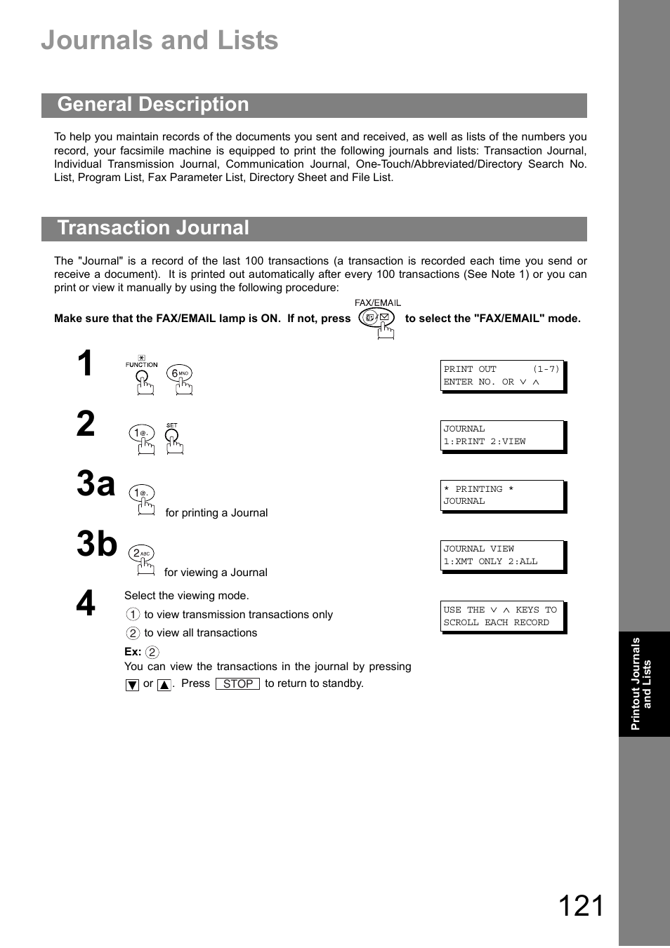 Printout journals and lists, Journals and lists, General description | Transaction journal, General description transaction journal | Panasonic DIGITAL IMAGING SYSTEM DP-1810F User Manual | Page 121 / 155