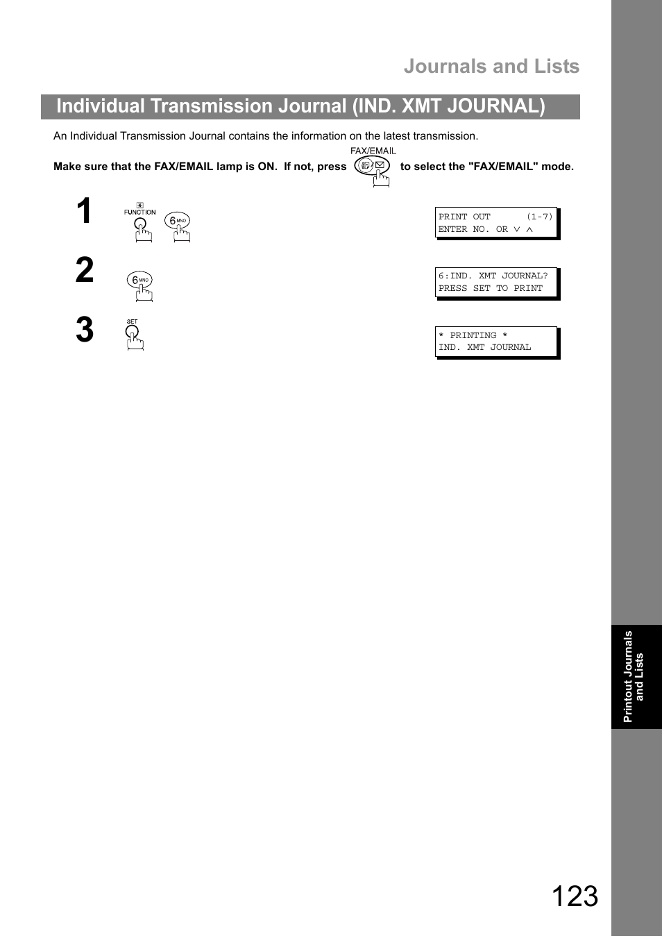 Individual transmission journal (ind. xmt journal), Journals and lists | Panasonic DIGITAL IMAGING SYSTEM DP-1810F User Manual | Page 123 / 155