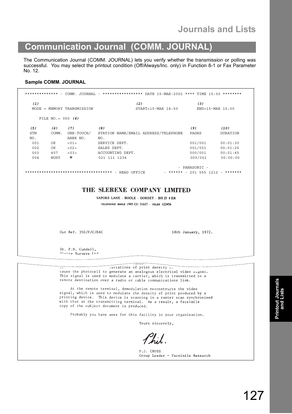 Communication journal (comm. journal), Journals and lists | Panasonic DIGITAL IMAGING SYSTEM DP-1810F User Manual | Page 127 / 155