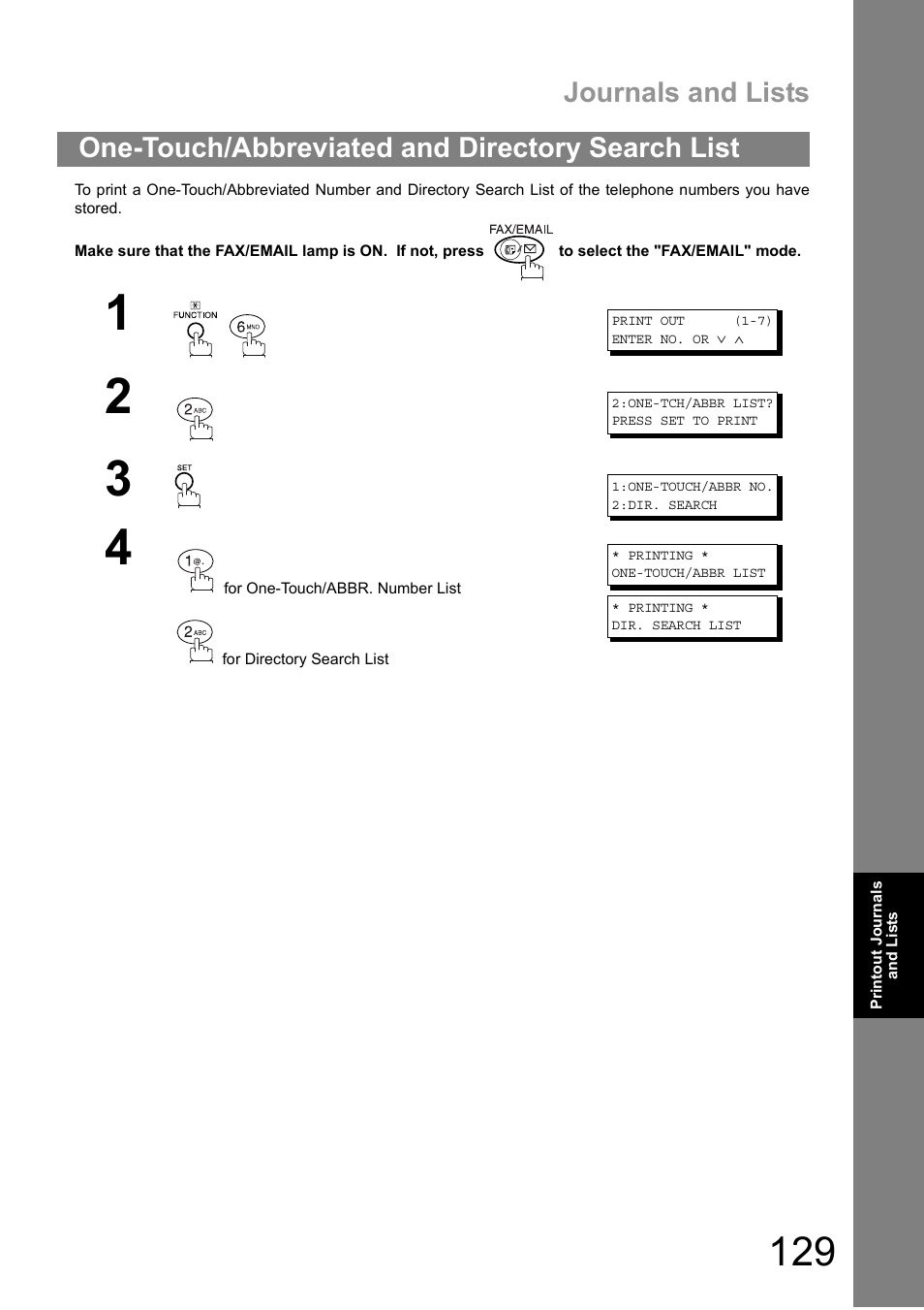 One-touch/abbreviated and directory search list, Journals and lists | Panasonic DIGITAL IMAGING SYSTEM DP-1810F User Manual | Page 129 / 155