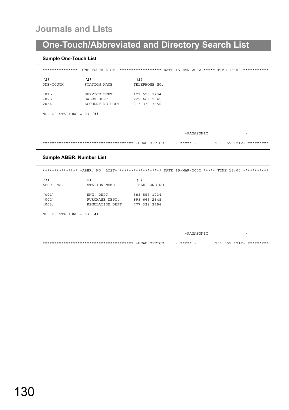 Journals and lists, One-touch/abbreviated and directory search list | Panasonic DIGITAL IMAGING SYSTEM DP-1810F User Manual | Page 130 / 155