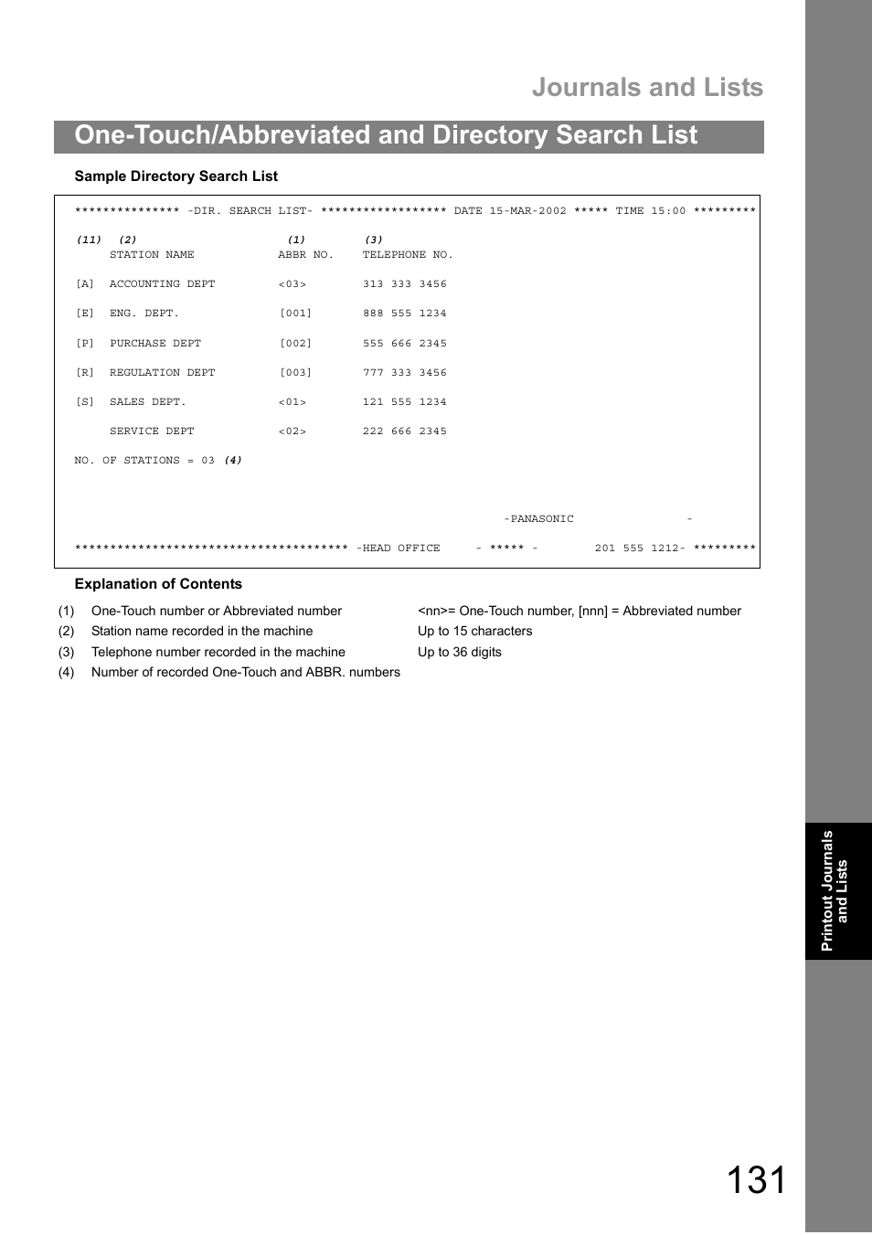 Journals and lists, One-touch/abbreviated and directory search list | Panasonic DIGITAL IMAGING SYSTEM DP-1810F User Manual | Page 131 / 155